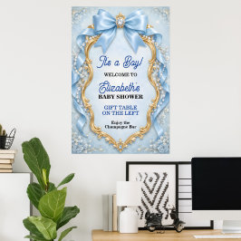 Poster Chuva de Bebê Menino com Laço Azul Pastel Elegante