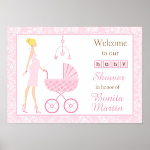 Poster Chuva de Bebê Mulher Loira Damask Rosa