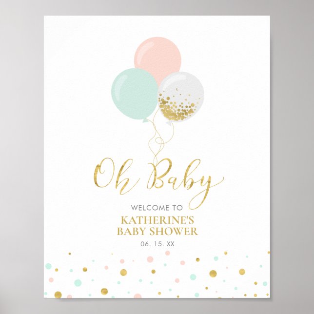 Poster Chuva de Bebê Neutro em Dourado Rosa Verde Água Be (Frente)