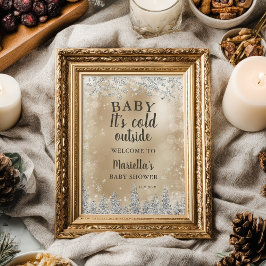 Poster chuva de bebê neve prateada pinheiro dourado inver