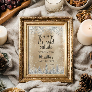 Poster chuva de bebê neve prateada pinheiro dourado inver