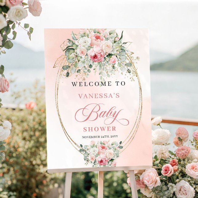 Poster Chuva de Bebê Refined Blush Roses Eucalipto Dourad (Refined Blush Roses Eucalyptus Gold Baby Shower)