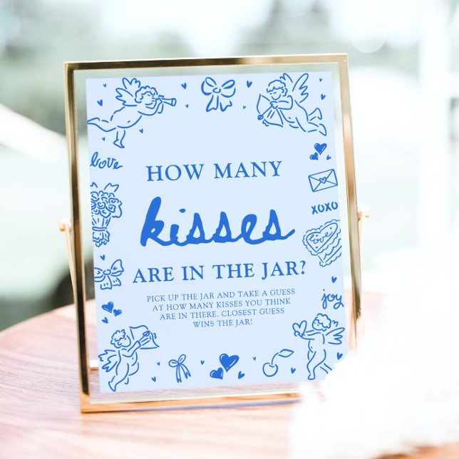 Poster Chuva de Beijos no Baby Shower do Dia dos Namorado (Blue Valentine Guess How Many Kisses Baby Shower Sign)
