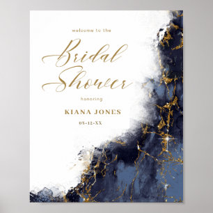 Poster Chuva de Brilho de Mármore Casamento Azul Naval Do