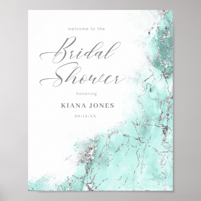 Poster Chuva de Brilho de Mármore Prata Azul Turques (Frente)