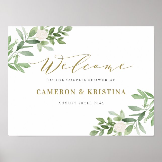 Poster Chuva de Casal Verde e Floral Branco Dourado (Frente)
