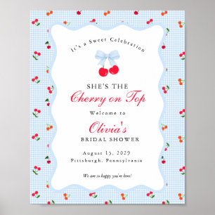Poster Chuva de Cerejas Coquette Laço Xadrez Baby Shower