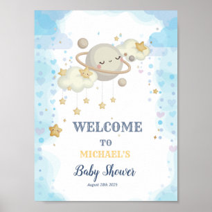 Poster Chuva de Estrelas Planeta Nuvens Azul Baby Shower