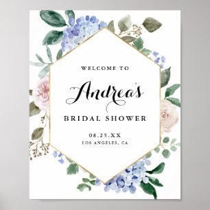 Poster Chuva de Flores de Hortênsias em Aquarela Azul par