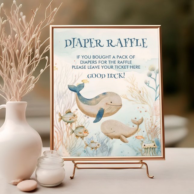 Poster Chuva de Fraldas de Chás de Bebê Baleia Sob o Mar (Diaper Raffle sign from the Whale Baby Shower Collection by Darling & May)