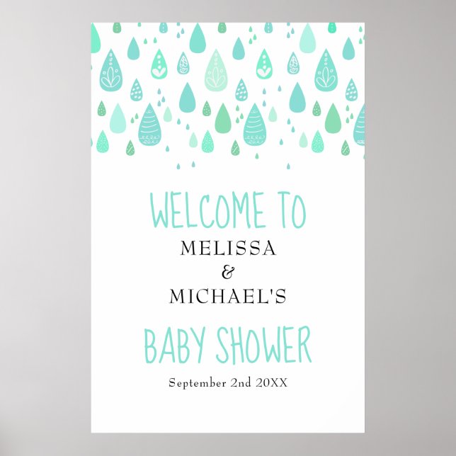 Poster Chuva de Gotículas Adoráveis Chá de Bebê / Recepçã (Frente)