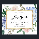 Poster Chuva de Hortênsias em Aquarela Azul Dourada para<br><div class="desc">Dê as boas-vindas aos convidados com este elegante letreiro de boas-vindas personalizável para chá de noiva. Ele apresenta hortênsias azuis em aquarela, peônias pastéis, folhas de eucalipto, folhagens e uma moldura em folha dourada falsa. Personalize este letreiro de boas-vindas botânico adicionando os detalhes do seu evento. Este letreiro de chá...</div>