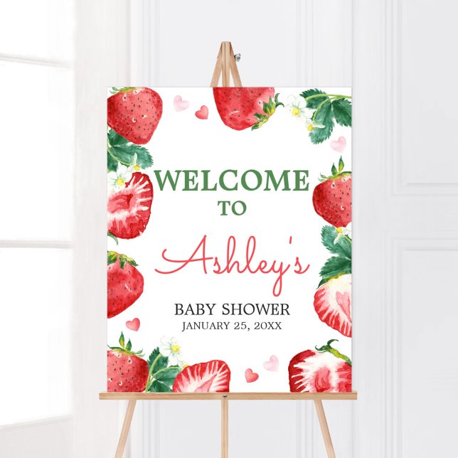 Poster Chuva de Morango Bem-vindo ao Chá de Bebê (A Berry Sweet Strawberry Baby Shower Welcome Sign)