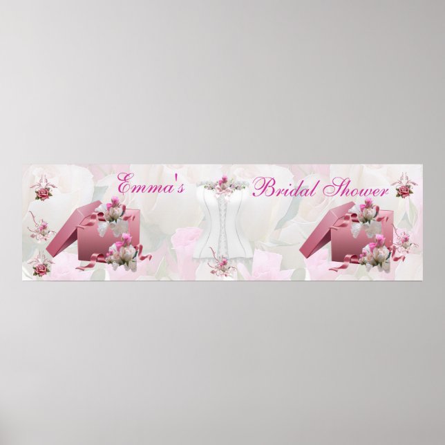 Poster Chuva de Noiva Banner Floral Branco Rosa (Frente)