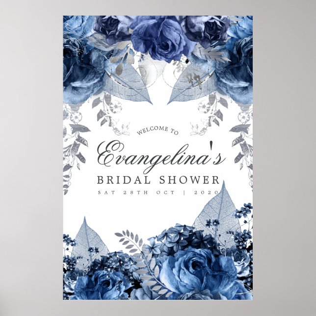 Poster Chuva de Noiva Bem-Vinda Azul-Marinho e Branco com (Frente)