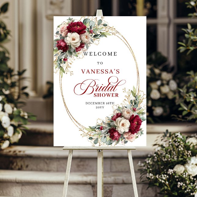 Poster Chuva de Noiva Boho Floral Branca Borgonha Moderna (Modern Burgundy White Floral Boho Bridal Shower Welcome)