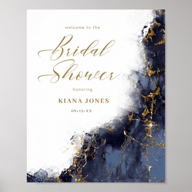 Poster Chuva de Noiva Brilho de Mármore Azul Naval Dourad (Frente)