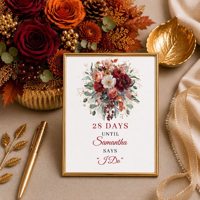 Poster Chuva de noiva clássica de outono com verde-marrom (Classic maroon greenery fall bridal shower countdown sign

)