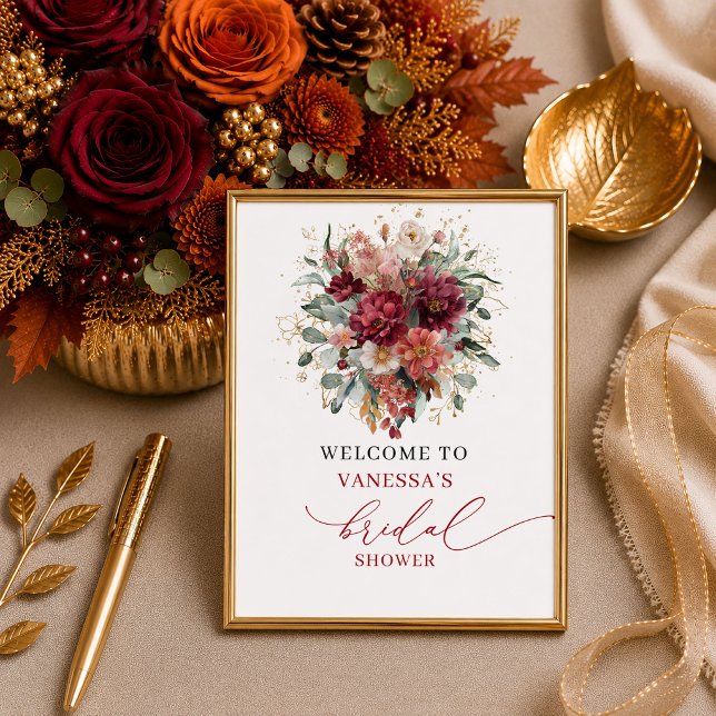 Poster Chuva de noiva clássica de outono com verde-marrom (Classic maroon greenery fall bridal shower 8x10 sign

)