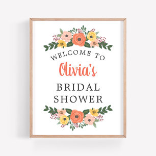 Poster Chuva de Noiva de Casamento Floral Pintada Bem-vin
