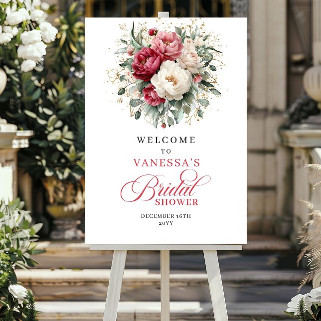 Poster Chuva de Noiva Floral Dourada em Borgonha Moderna  (Modern Burgundy Gold Floral Bridal Shower Welcome)