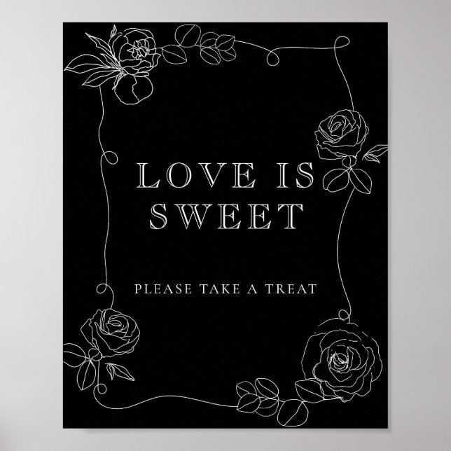 Poster Chuva de Noiva Floral Preto e Branco O Amor é Doce (Frente)