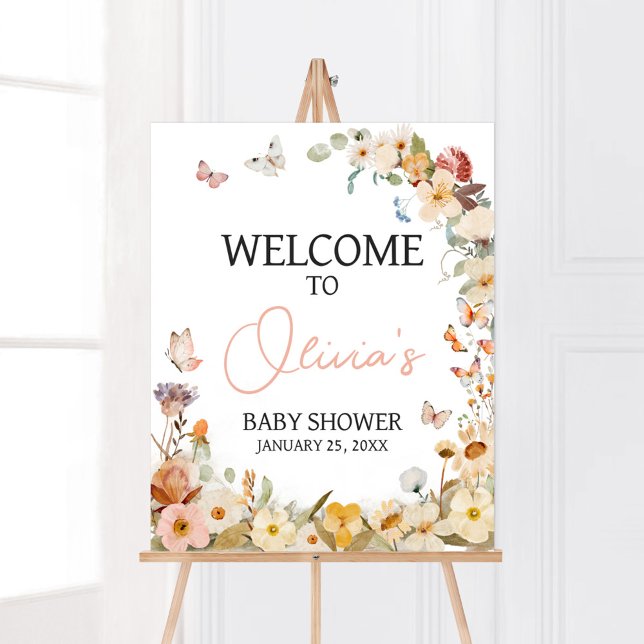 Poster Chuva de Pétalas Pequena Borboleta Baby Shower Bem (Little Butterfly Wildflower Baby Shower Welcome Sign)