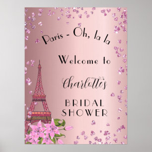 Poster Chuva de presentes de noiva Paris rosa torre eiffe