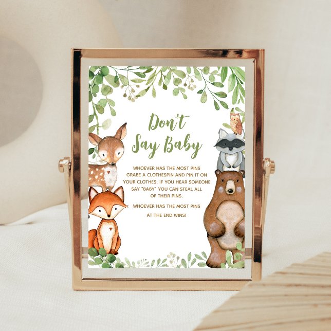 Poster Chuva de Verde Floresta Baby Shower Não Diga Sinal (Woodland Animals Baby Shower Don't Say Baby Sign)