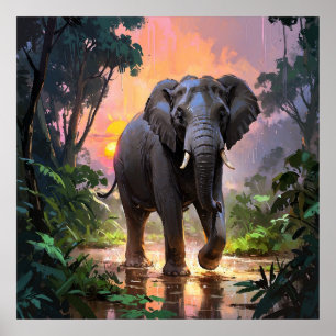 Poster Chuva vibrante e pintura de elefante sunset