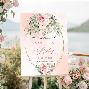 Poster Chuveiro de Bebê Bem-Vindo Floral Rosa Minimalista