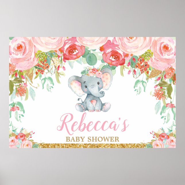 Poster Chuveiro de Bebê Elefante Menina Faixa de Fundo (Frente)