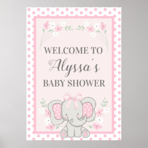 Poster Chuveiro de Bebê Elefante Rosa Fofo Bolinhas Flore