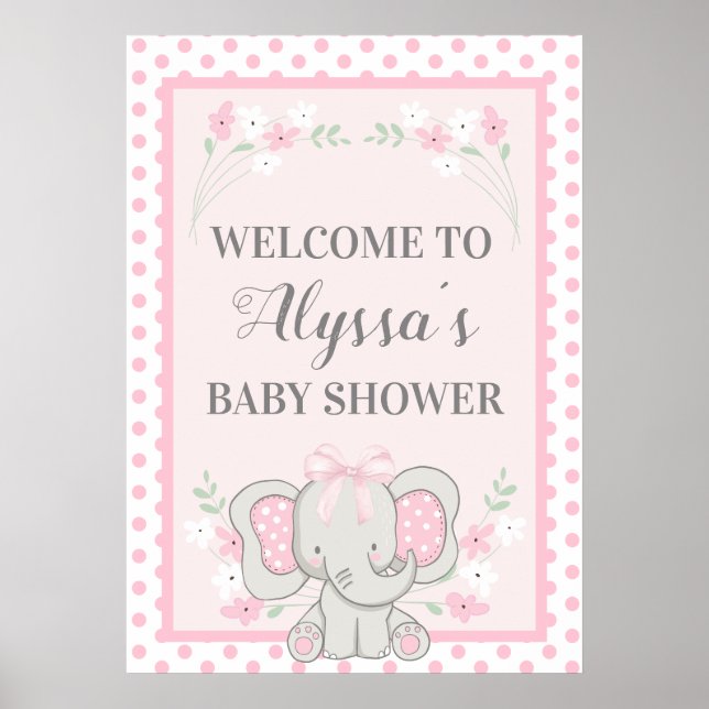 Poster Chuveiro de Bebê Elefante Rosa Fofo Bolinhas Flore (Frente)
