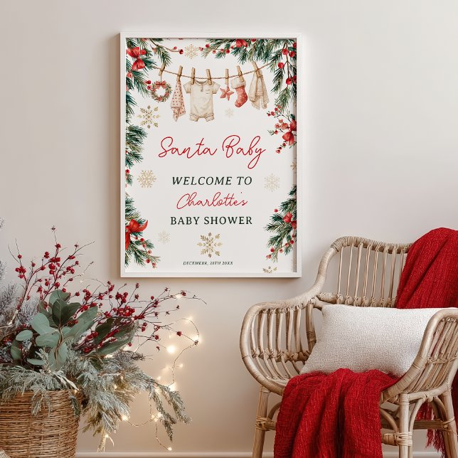 Poster Chuveiro de Natal de Inverno Roupas de Santa Bebê (Christmas Winter Clothesline Santa Baby Shower Poster)