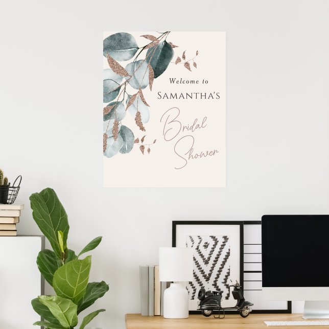 Poster Chuveiro de Noiva Folhas Elegantes Douradas e Verd (Escritório em casa)