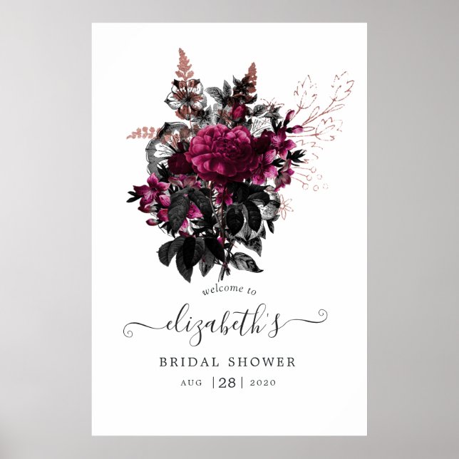 Poster Chuveiro de Noiva Marsala e Rosa Dourado Floral Be (Frente)