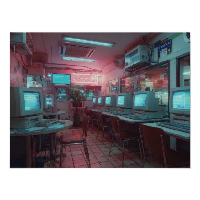 Póster Cibercafé Neon com Monitores Retrô (Frente)