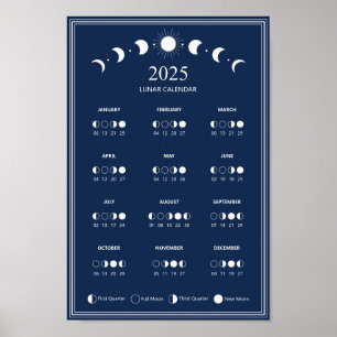 Poster Ciclos lunares da Fase da Lua 2025 Calendário Azul