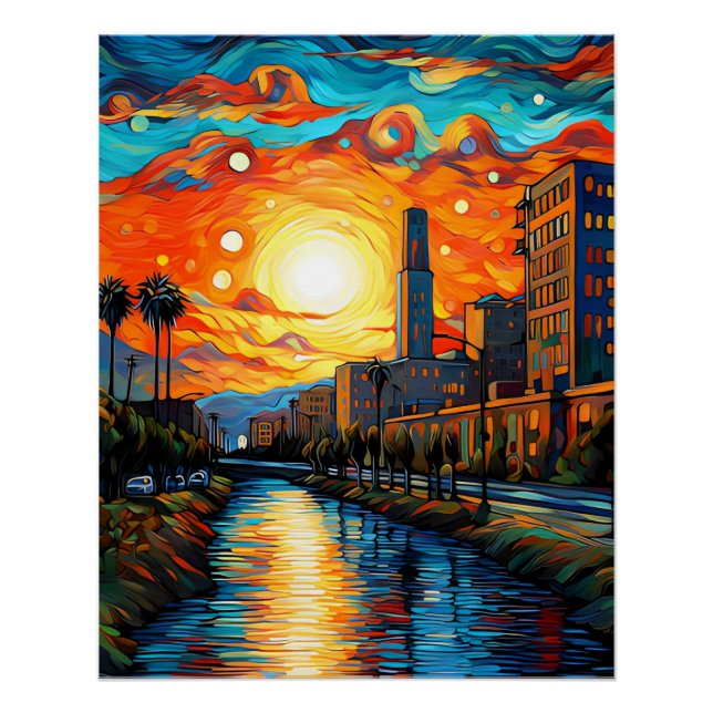 Póster Cidade ao pôr do sol; Estilo Vincent Van Gogh (Frente)