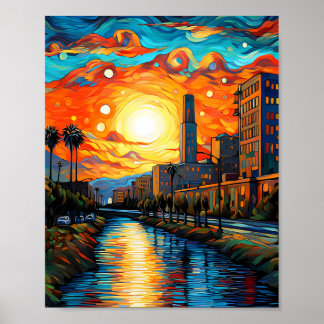 Poster Cidade ao pôr do sol; Estilo Vincent Van Gogh