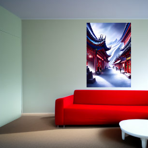 Poster Cidade chinesa na montanha de neve Arte AI