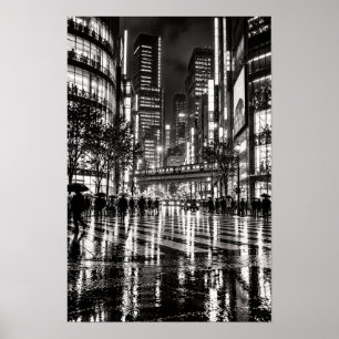 Poster Cidade Chuvosa Noturna com Trem Elevado Preto e Br