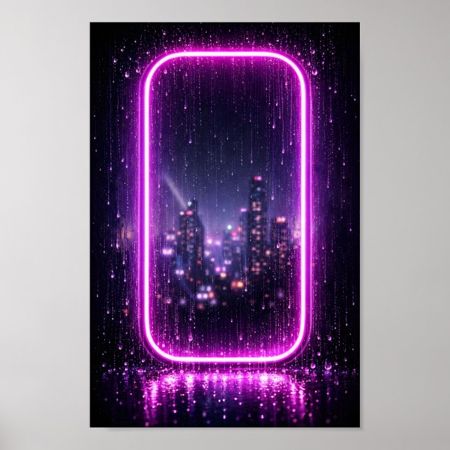 Poster Cidade Chuvosa Synthwave com Moldura de Neon (Frente)