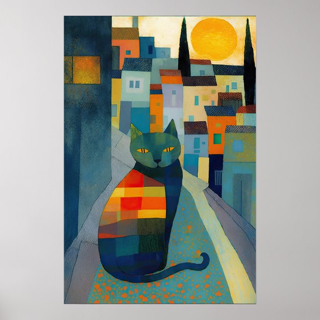 Poster Cidade colorida com gato característico (Frente)