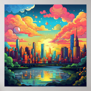 Poster Cidade Colorida do Cartoon no Sunset