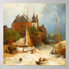 Poster Cidade Costeira Holandesa Vintage e Navios à Vela 