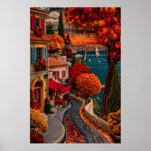 Poster Cidade Costeira Outono Estilo de Bordado Vibrante 