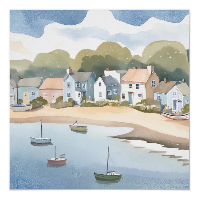 Póster Cidade Costeira | Pintor de Aquarela de Beachy Air (Frente)