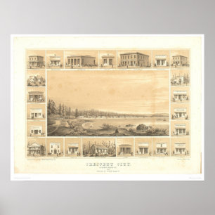 Póster Cidade crescente, mapa panorâmico 1857 do CA